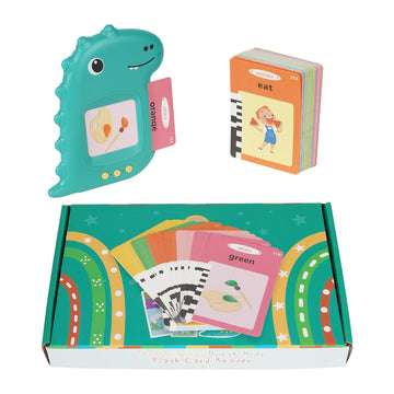 Talking flash card reader in dinosaur design with stacked flashcards and vibrant learning materials for toddlers.