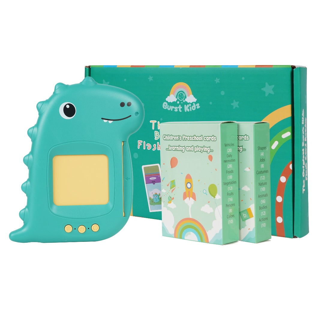 Cute dinosaur flash card reader with 112 cards, encouraging early learning and playful engagement for toddlers.