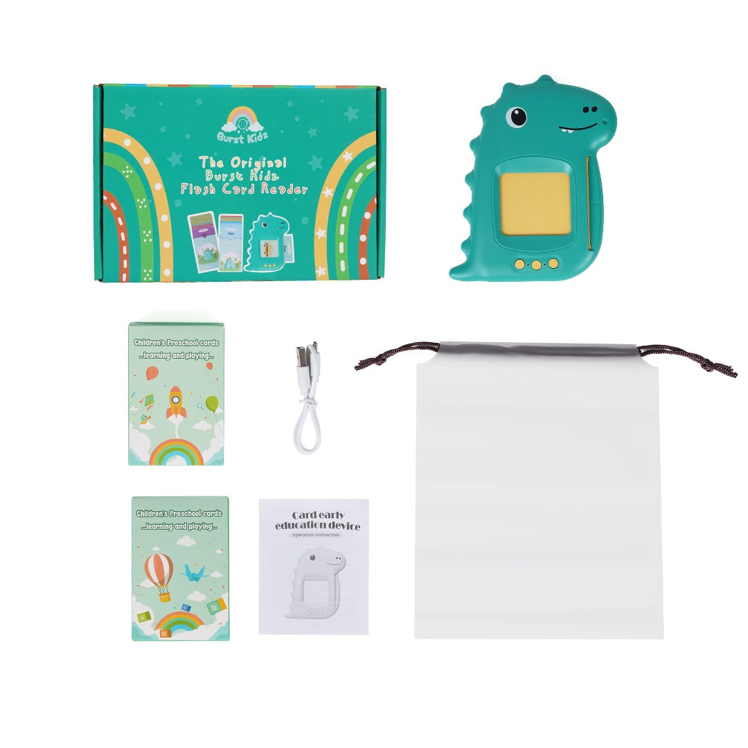 Talking Flash Card Reader with dinosaur design, flash cards, charger, and educational materials for toddlers.