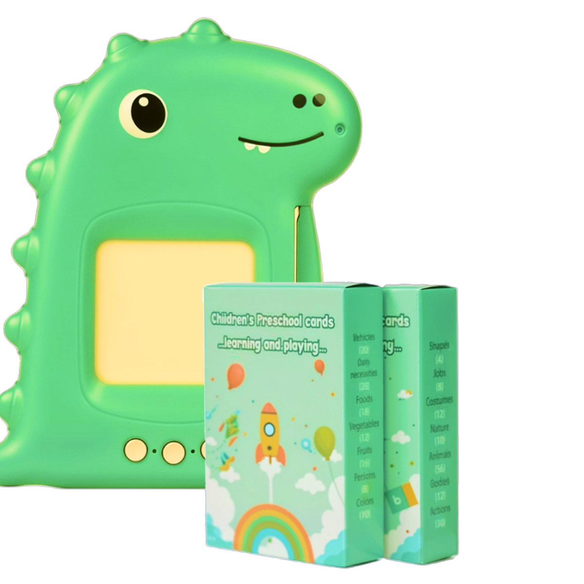 Cute dinosaur-themed talking flash card reader with preschool learning cards for toddlers.