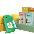 Talking flash card reader with dinosaur design and colorful learning cards for toddlers, promoting fun education.